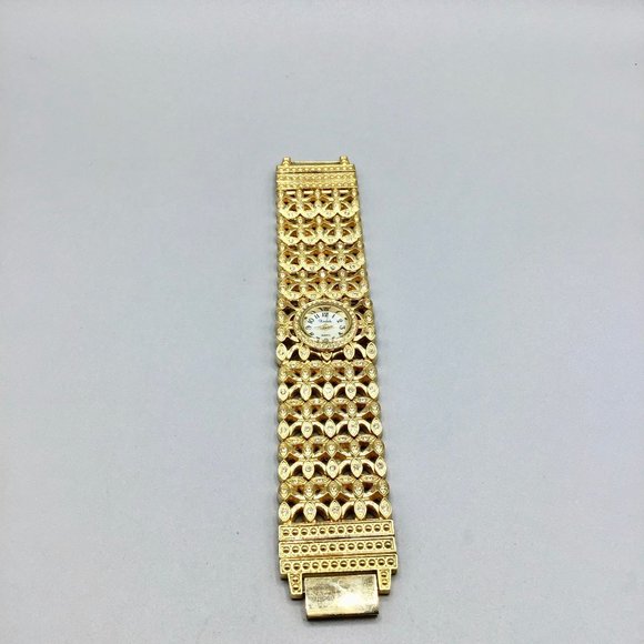 Vintage 90s Xanadu Watch Wide Band Jeweled Gold Tone and Crystals Ladies Watch - Picture 4 of 15